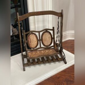 Antique Wooden Doll Swing Chair Cane Rattan Seat Vintage Mini Furniture